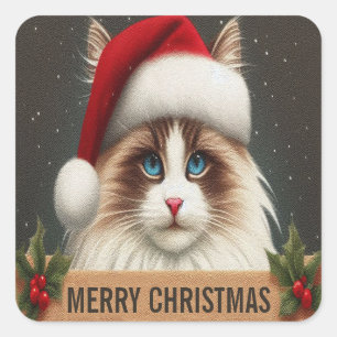 Adesivo Quadrado Feliz Natal Ragdoll Cat, Papais noeis Xmas Ragdoll