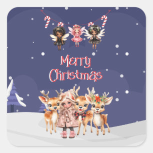 Adesivo Quadrado Feliz Natal Rapariga Reindeer Candy Candy Fairies