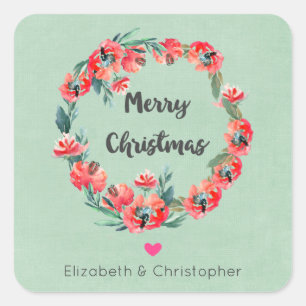 Adesivo Quadrado Feliz Natal Red Floral Wreath & Heart