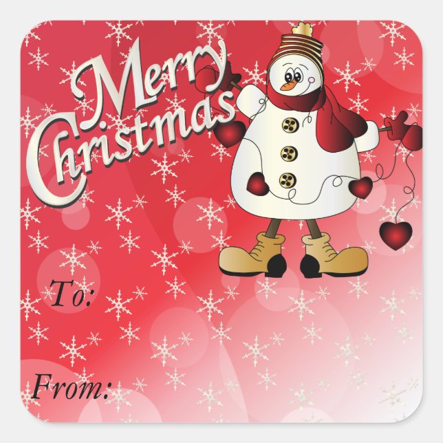 Adesivo Quadrado Feliz Natal Red Heart Snowman (Frente)