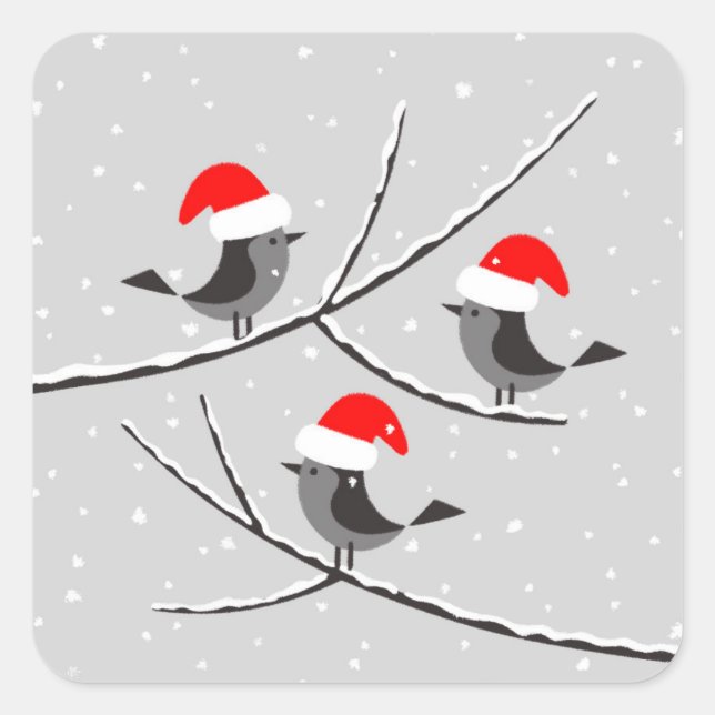 Adesivo Quadrado Feliz Natal Red Santa Hat Birds (Frente)
