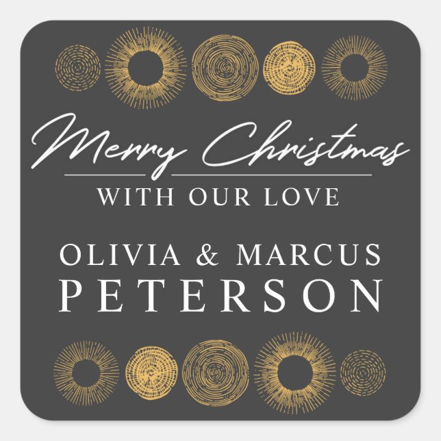 Adesivo Quadrado Feliz Natal Retro Feriado Dourado Burst Gift (Frente)