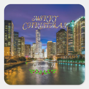 Adesivo Quadrado Feliz Natal, Rio Chicago ao Pôr do Sol