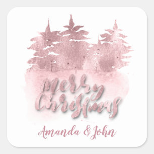 Adesivo Quadrado Feliz Natal Rosa Rosa Nome Feriados Branco