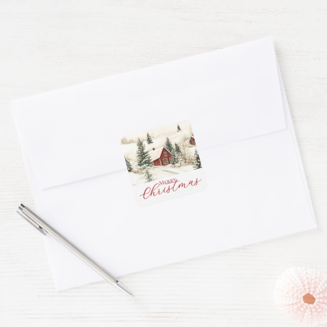 Adesivo Quadrado Feliz Natal Rustic Woodland Cabine Feriado (Envelope)