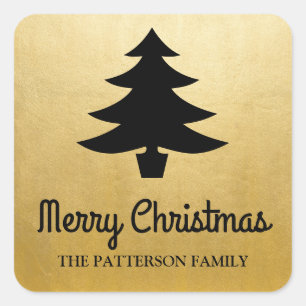 Adesivo Quadrado Feliz Natal Script   Tree Faux Gold Foil