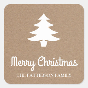 Adesivo Quadrado Feliz Natal Script   Tree Rustic Kraft Paper