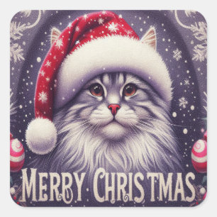 Adesivo Quadrado Feliz Natal Siberiano Gato, Papais noeis Xmas Kitt