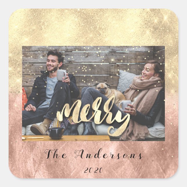 Adesivo Quadrado Feliz Natal Snow Confetti Spark Foto Dourada (Frente)