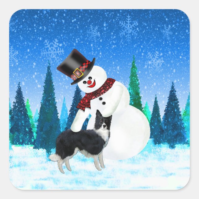 Adesivo Quadrado Feliz Natal Snowman e Border Collie (Frente)