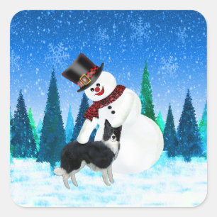 Adesivo Quadrado Feliz Natal Snowman e Border Collie