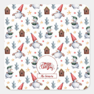 Adesivo Quadrado Feliz Natal Snowman Snowflakes Monograma