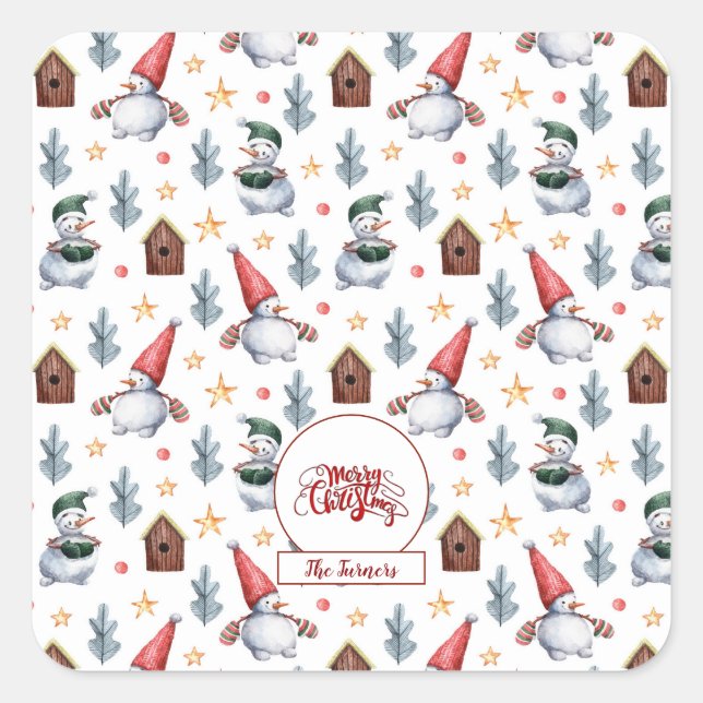 Adesivo Quadrado Feliz Natal Snowman Snowflakes Monograma (Frente)