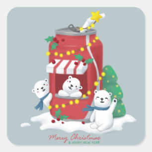 Adesivo Quadrado Feliz Natal: Urso Polar e lata de Soda