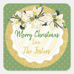 Adesivo Quadrado Feliz Natal - Vinhetas de Poinsettia Personalizada