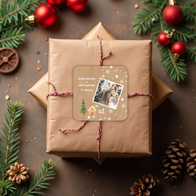 Adesivo Quadrado Feliz Natal Vintage Brown Family Foto (Criador carregado)