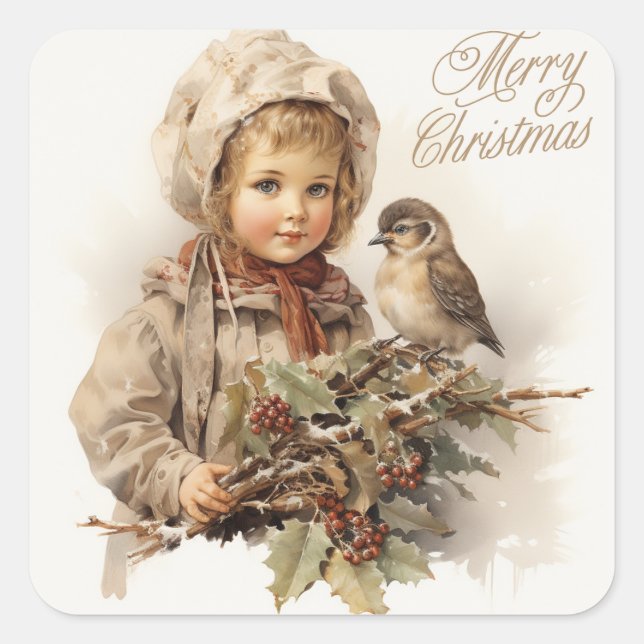 Adesivo Quadrado Feliz Natal Vintage Child com Bird (Frente)