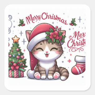 Adesivo Quadrado Feliz Natal Watercolor Cat