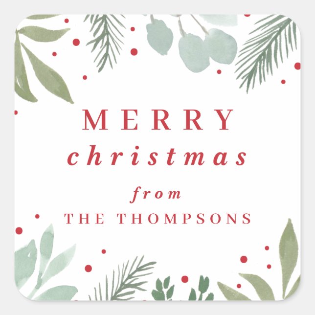Adesivo Quadrado Feliz Natal Watercolor Garland Winter Foliage (Frente)