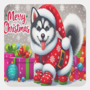 Adesivo Quadrado Feliz Natal Whimsical Siberian Husky Dog Xmas
