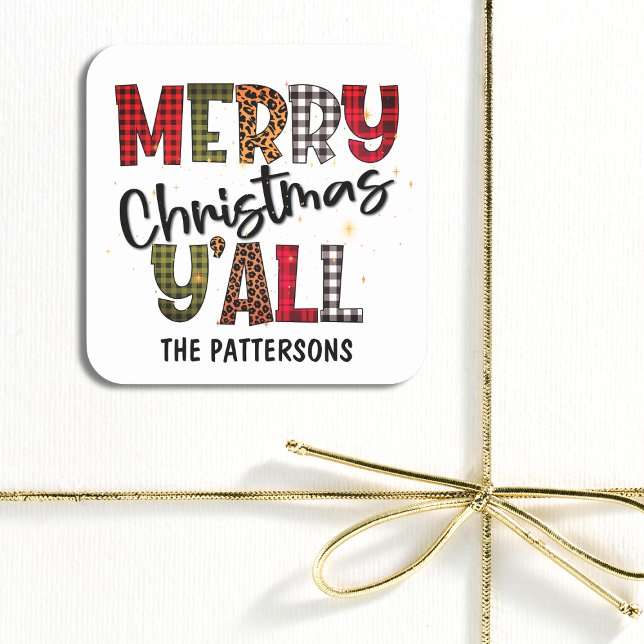 Adesivo Quadrado Feliz Natal Y'all Tartan Leopard Nome impresso (Criador carregado)