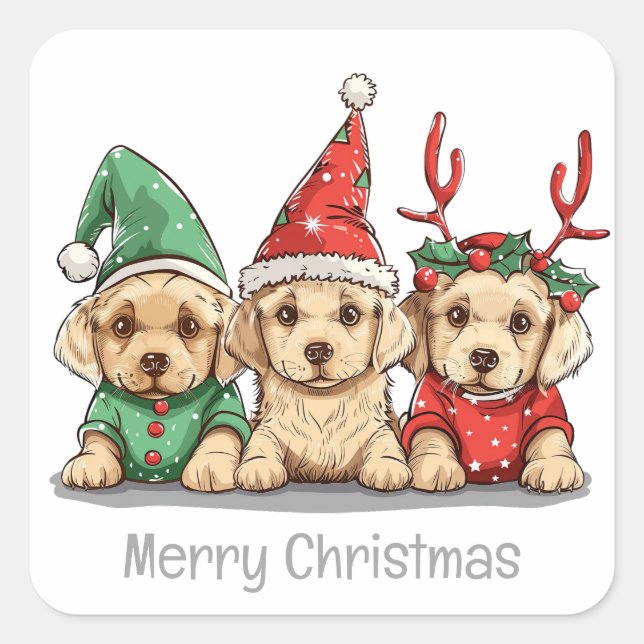 Adesivo Quadrado Feliz Natal Yellow Labrador Retriever Dogs (Frente)