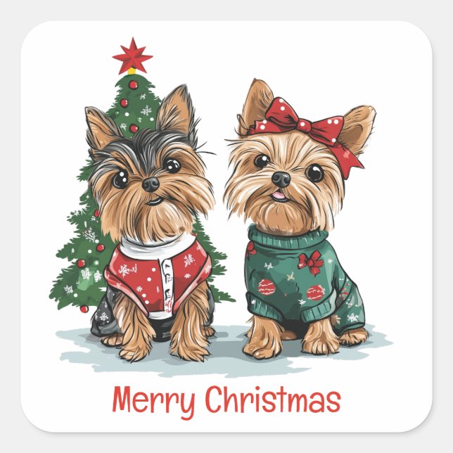Adesivo Quadrado Feliz Natal Yorkie Dogs (Frente)