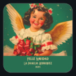 Adesivo Quadrado "Feliz Navidad" Angel Christmas Sticker<br><div class="desc">Este adorável anjo latino deseja "Feliz Navidad" neste adesivo de Natal. Ela traz a herança do México com seu sorriso alegre e vestida de cores de seu país natal: verde, branco e vermelho. O ouro laranja cremoso das asas e o elogio. Todo o texto é editável. Certifique-se de alterar o...</div>