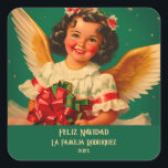 Adesivo Quadrado "Feliz Navidad" Angel Christmas Sticker<br><div class="desc">Este adorável anjo latino deseja "Feliz Navidad" neste adesivo de Natal. Ela traz a herança do México com seu sorriso alegre e vestida de cores de seu país natal: verde, branco e vermelho. O ouro laranja cremoso das asas e o elogio. Todo o texto é editável. Certifique-se de alterar o...</div>