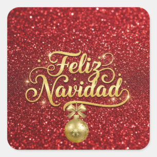 Adesivo Quadrado Feliz Navidad, brilho vermelho,