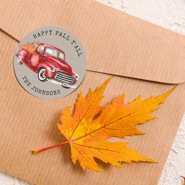 Adesivo Quadrado Feliz Outono para Todos Caminhão Vermelho Abóboras (Happy Fall Y'all Red Truck Pumpkins Square Sticker)