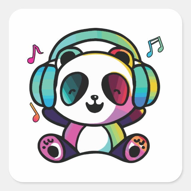 Adesivo Quadrado Feliz Panda com fones de ouvido ouvindo música. (Frente)