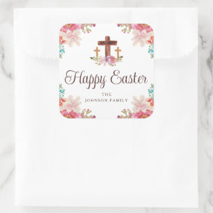 Adesivo Quadrado Feliz Páscoa Aquarela Floral Cruz Religiosa