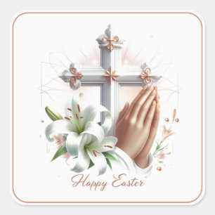 Adesivo Quadrado Feliz Páscoa, Cruz, Lírios e Mãos em Oração