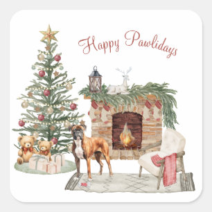 Adesivo Quadrado Feliz Pawlidays Design de Cachorro - Boxer
