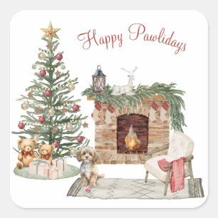 Adesivo Quadrado Feliz Pawlidays Design de Cachorro - Cavapoo