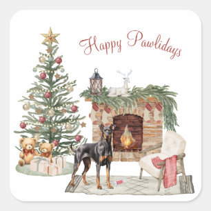 Adesivo Quadrado Feliz Pawlidays Design de Cachorro - Doberman Pins