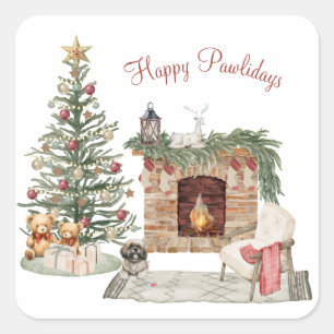 Adesivo Quadrado Feliz Pawlidays Design de Cachorro - Lhasa Apso