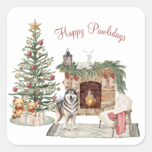 Adesivo Quadrado Feliz Pawlidays Design de Cachorro - Malamute do A
