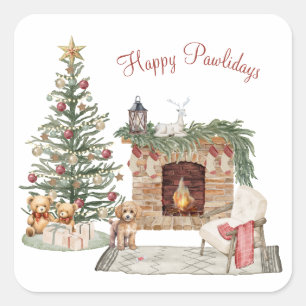 Adesivo Quadrado Feliz Pawlidays Design de Cachorro - Poodle