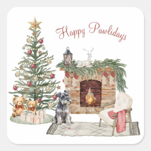 Adesivo Quadrado Feliz Pawlidays Design de Cachorro - Schnauzer Min