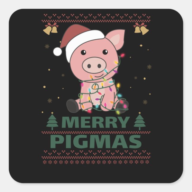 Adesivo Quadrado Feliz Pigmas Engraçado Pig Natal Pun (Frente)
