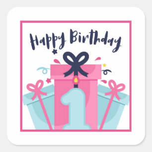 Adesivo Quadrado Feliz Primeiro Aniversário