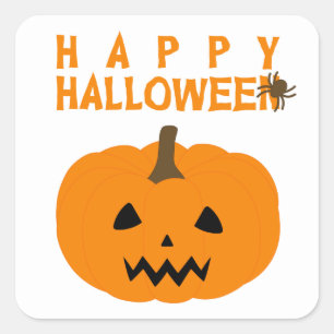 Adesivo Quadrado Feliz texto de Halloween e abóbora em branco