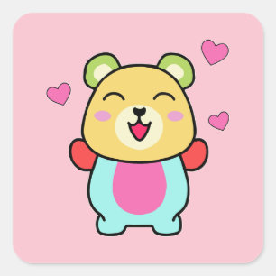 Adesivo Quadrado Feliz ursinho de pelúcia sorridente com corações a