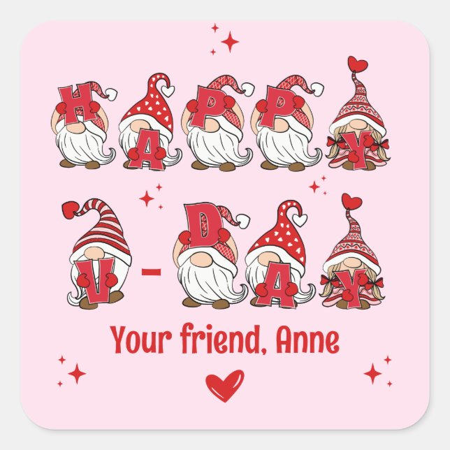 Adesivo Quadrado Feliz V- Day Gnomo Letting Pink Classroom (Frente)