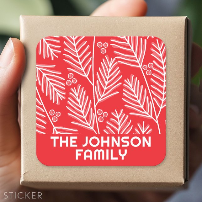 Adesivo Quadrado Feliz Vermelha Caligrafia galhos do pinheiro branc (Custom Sticker - Personalize with your info for a party favor or gift)