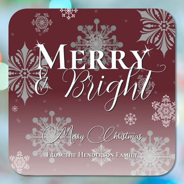 Adesivo Quadrado Feliz vermelha e flocos de neve brilhantes Natal (Red Merry and Bright Snowflakes Christmas Sticker)