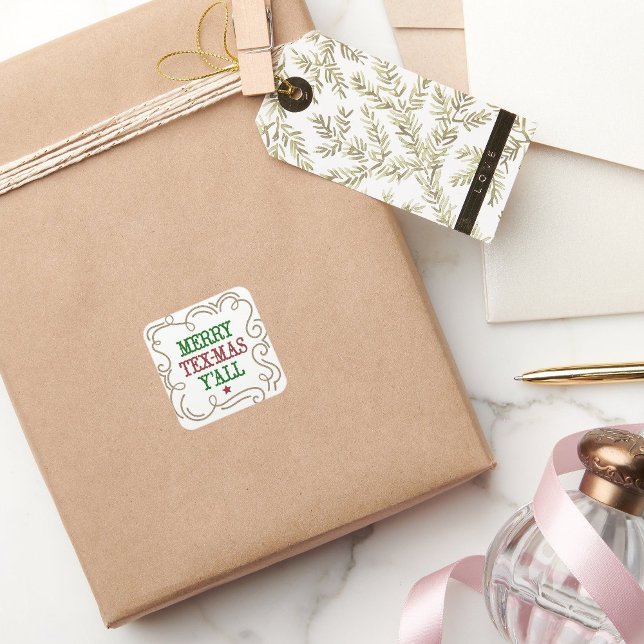 Adesivo Quadrado Feliz Vermelha e Verde Natal Tex-Mas Y'all (Criador carregado)