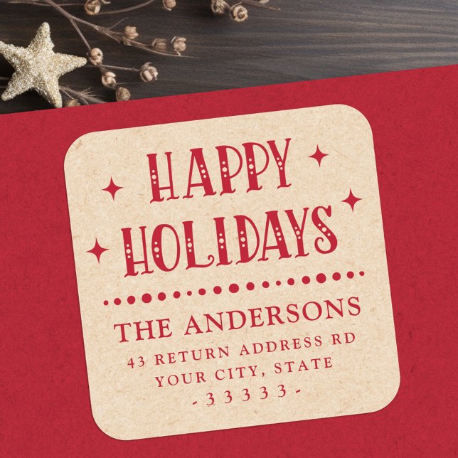 Adesivo Quadrado Felizes Feriados, divisor de pontos festivos Kraft (Happy Holidays festive dot divider Kraft look red Square Sticker)